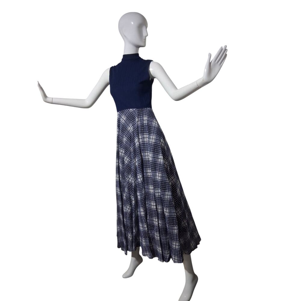 Vintage 60'-70's Mod Plaid Polkadot Fit Flare Ribbed Sheer Union Tag Maxi Dress